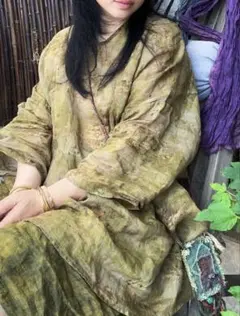 ふんわり ナチュラル ラミー チュニック ロングシャツ 竹柄 九分袖 