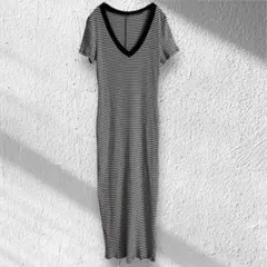 シーイン　デイジー　ロングワンピース　半袖　ボーダー　リブ　Vネック　ストレッチ