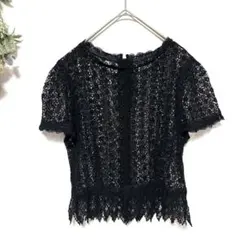 総レース半袖ブラウス｜ショート丈｜レイヤード｜重ね着｜ストレッチ｜M〜L｜黒