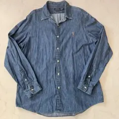 希少サイズ XXL ラルフローレン インディゴ デニムシャツ 刺繍ロゴ