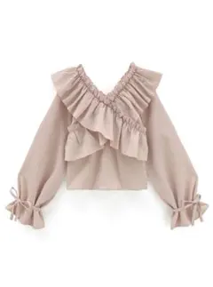 ドビーストライプ柄クロスフリルリボンブラウス[fo1942] ピンク