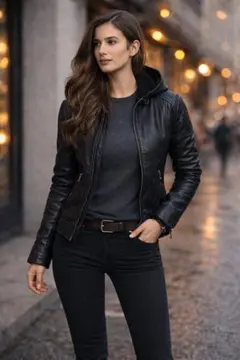 お値下げ❣️フード付きブラックシープレザージャケット