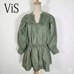 ViS ギャザーブラウス パフスリーブ ウエストシャーリング M カーキグリーンのサムネイル