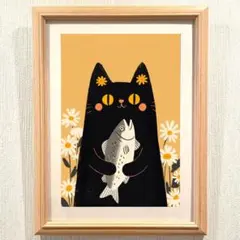 魚を抱えた黒猫 アートポスター
