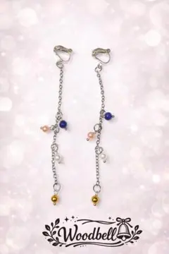 揺れるチェーンイヤリング クリップ式 パール調 ネイビー 上品 大人可愛い