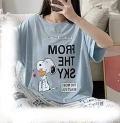 スヌーピー 半袖 ブルー Tシャツ 薄手 ストレッチ 丸襟 春夏のサムネイル