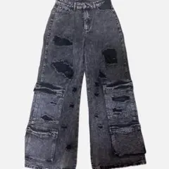 ブラック ダメージ加工 ワイドレッグパンツ