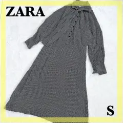希少✨ZARA ザラ ロングワンピース 総柄 千鳥格子 ボウタイ リボン S