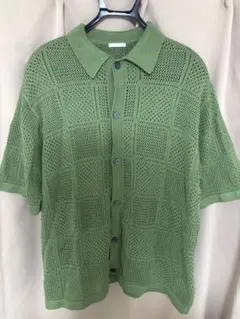 GU ウォッシャブルメッシュニットシャツ 5分袖 グリーン