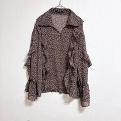 AS KNOW AS PINKY花柄フリル長袖シフォン茶系レディーストップス春秋