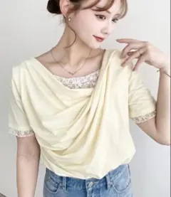 moment+ レースドッキングドレープ半袖Tシャツ イエローのサムネイル