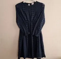 ネイビー レース模様 長袖ワンピース　150cm