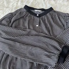 千鳥格子柄 長袖ブラウス　黒×ベージュ