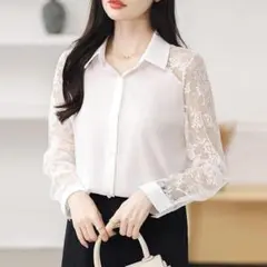【新品/M】レースブラウス 長袖 白 レディース ノンアイロン素材