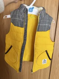 イエロー 中綿ベスト 90サイズ チェック襟