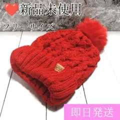 ニット帽 レッド 赤 レディース フリーサイズ フリース 厚手 ポンポン 暖かい