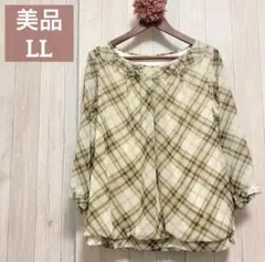 美品✨レディース大きいサイズLL☘️チェック柄シフォンフリル襟ブラウストップス春夏のサムネイル