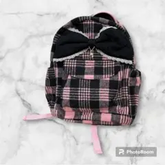 もこもこ チェック柄 ミニリュック 黒 ピンク リボン レース かわいい