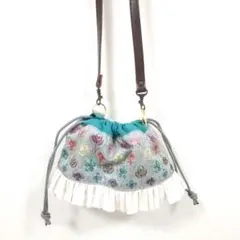 セール⭐　インド刺繍リボン　×　ナタリーレテ　フリル　巾着　ブルー系