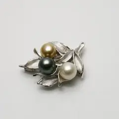 タヒチ黒蝶真珠パールブローチ 3ヶ付 ブラックカラー 8-9mm シルバー製 