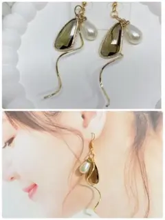 ハンドメイドピアス❤️キラキラブラウンガラス×しずくパール×ひねりチャームピアス❤️