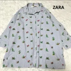 ✨美品✨ZARA ストライプ　サボテン柄　シャツ　オーバーサイズ　M