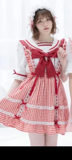 カチューシャ付き】 SOSMEMECLUB 赤チェックロリータドレス - メルカリ