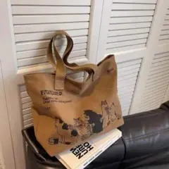 猫柄 キャンバス トートバッグ キャンバス地　裏地付 　ブラウン　帆布