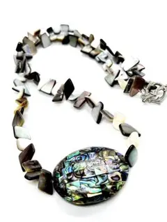 【超希少】大型シェルモザイク＆黒蝶真珠貝ロングネックレス60cm 螺鈿ラデン