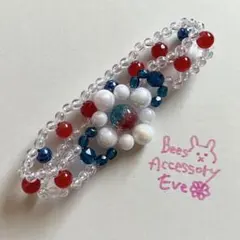 青と赤のバングル風編み込みブレスレット【No.446】