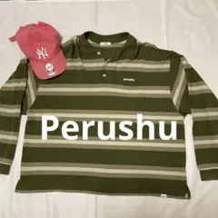 Perushu 長袖ポロシャツ オリーブグリーン/ベージュストライプ　春服のサムネイル