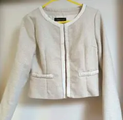 ベージュ　オフホワイト　ツイードノーカラージャケット　フォーマルジャケット　M