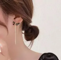 ポストs925☆リボンとラインストーンチェーン☆ピアス