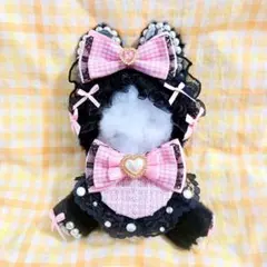 022.おすわりぬい服　うさぎ　ピンク　チェック　スタイ付き　10〜12cm用