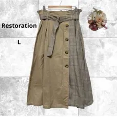 Restoration ベルト付きAライン切り替えスカート　ミモレ丈　チェック柄