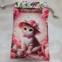 可愛い猫の巾着袋 ピンク