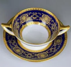 【美品】オールドミントン コバルト地 金彩エンボス装飾 ブイヨンカップ＆ソーサーのサムネイル