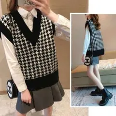 今季トレンド 大人気！千鳥格子柄ニットベスト 着回し抜群 セーター 重ね着 韓国