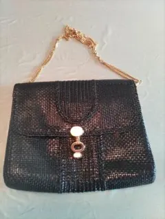 ラモーダハセガワ　ブラックショルダーメッシュバッグ ゴールド金具