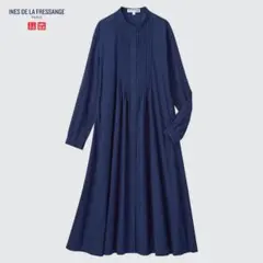 ユニクロ イネス コットン ピンタック ワンピース ネイビー ロング シャツ