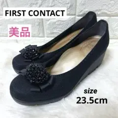 極美品 FIRST CONTACT 厚底パンプス ビジューリボン ラメ 黒