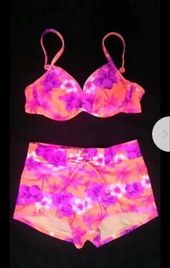 PJ☆トロピカルフラワー柄ワイヤービキニ水着☆ショートパンツ☆ネオンカラー