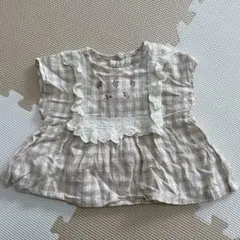 ベージュチェック フリル付きシャツ