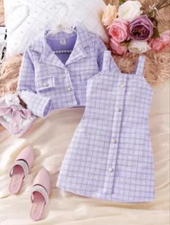 【美品2点セット】ツイード風 長袖ジャケット＋キャミソールワンピースセット