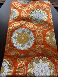 アンティーク袋帯☆光沢のある朱のベースにゴールドの洋風古典柄