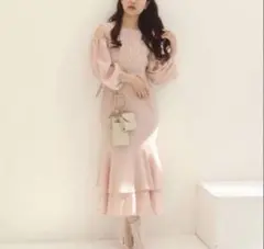 投稿削除　黒　MUGUET オープンショルダー リボンワンピース　ピンク　F