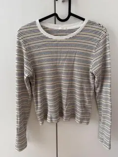 白黒ストライプ 長袖Tシャツ クロップド丈