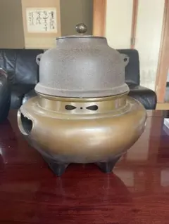 ☆中古品☆茶道具 宝積正一造 唐銅朝鮮風炉 浜松紋真形釜添（共箱