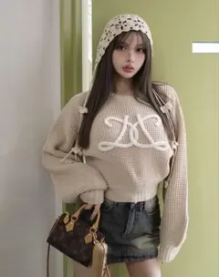 ロゴワッフルニットトップス Darich ダーリッチ 長袖ニット ベージュ