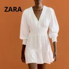 ZARA ティアードミニワンピース 【X S】リネン素材　長袖 Vネック　白